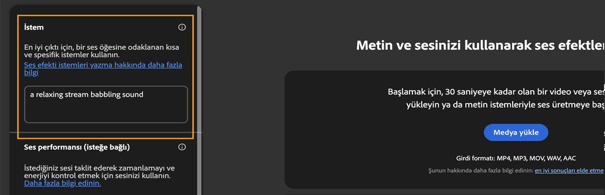 Ses Efektleri Oluştur sayfasında ses efekti oluşturmak için metin açıklaması girebileceğiniz bir istem bölümü bulunur. Geçerli metin istemi: Bir derenin rahatlatıcı akış sesi.