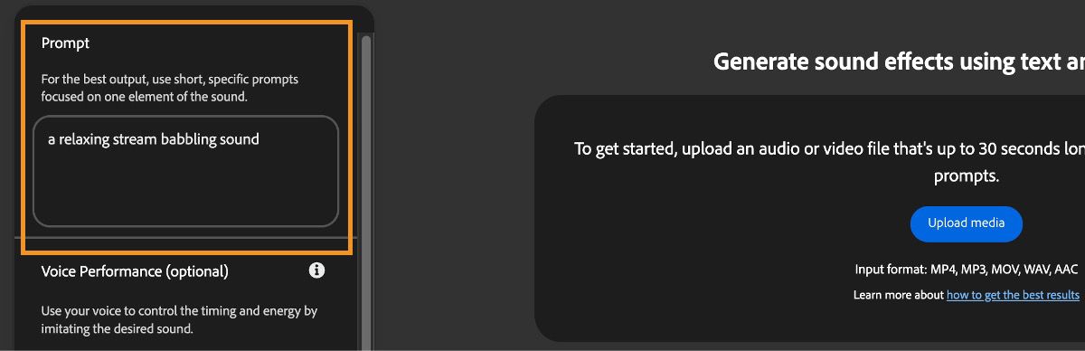 On the Generate Sound Effects page, there's a prompt section where you can enter a text description to generate a sound effect. The current text prompt is - 'a relaxing stream babbling sound.