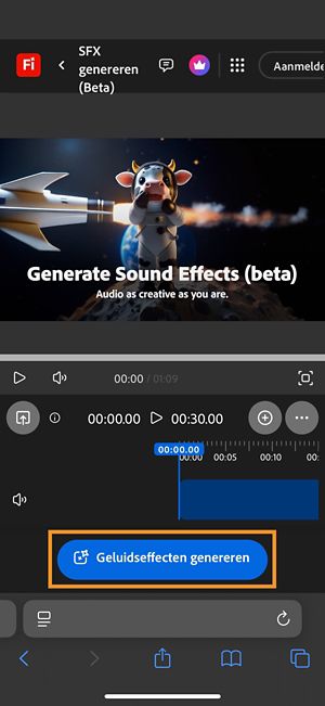 De pagina SFX genereren (Beta) wordt geopend en je ziet dat een knop Geluidseffecten genereren gemarkeerd is.