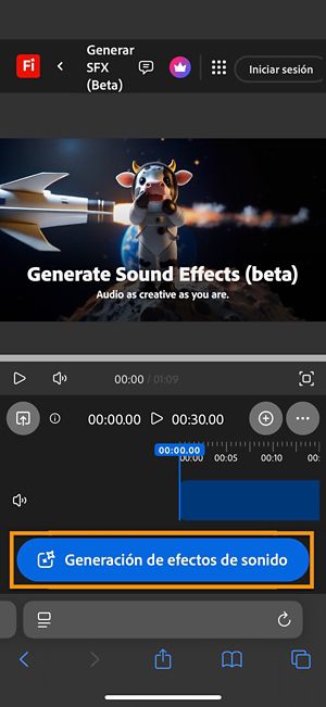 La página Generar SFX (beta) está abierta y el botón Generar efectos de sonido está resaltado.