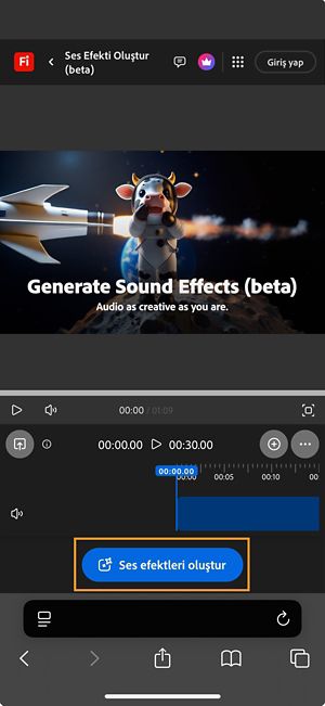 SFX oluştur (beta) sayfası açıktır ve Ses efektleri oluştur düğmesi vurgulanmış durumdadır.
