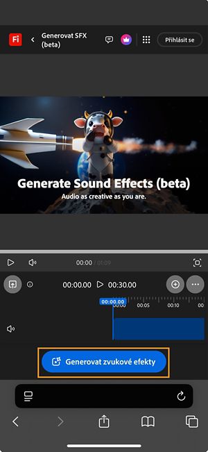Je otevřena stránka Generovat SFX (beta) a je zvýrazněno tlačítko Generovat zvukové efekty.
