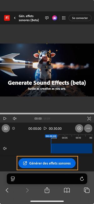 La page Générer des effets sonores (beta) est ouverte et le bouton Générer des effets sonores est mis en évidence.