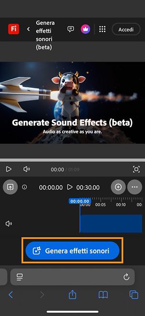 La pagina Genera effetti sonori (beta) è aperta ed è evidenziato il pulsante Genera effetti sonori.