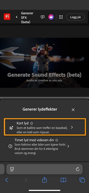 Alternativene Kort lyd og Lyd timet med videoen er tilgjengelige. Alternativet Kort lyd er valgt for å generere en lydeffekt ved hjelp av en kort tekstbeskrivelse.