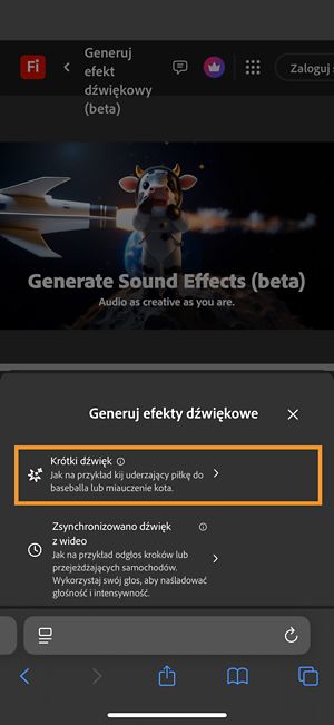 Dostępne są opcje Krótki dźwięk i Dźwięk zsynchronizowany z wideo.Opcja Krótki dźwięk jest wybierana w celu wygenerowania efektu dźwiękowego przy użyciu krótkiego opisu tekstowego.