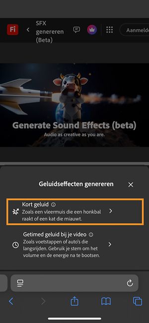 Je kunt kiezen uit de video-opties Kort geluid en Getimed geluid bij je video.De optie Kort geluid is geselecteerd om een geluidseffect te genereren aan de hand van een korte tekstbeschrijving.