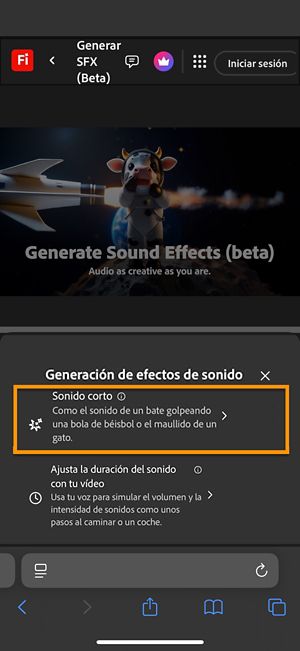Puede elegir entre las opciones Sonido corto y Sonido sincronizado con su vídeo que hay disponibles.Se selecciona la opción Short Sound para generar un efecto de sonido utilizando una breve descripción de texto.