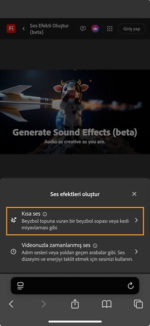 Kısa Ses ve Videonuzla zamanlanmış ses seçenekleri arasından seçim yapılabilir. Kısa bir metin açıklaması kullanarak ses efekti oluşturmak için Kısa Ses seçeneği belirlenmiştir.