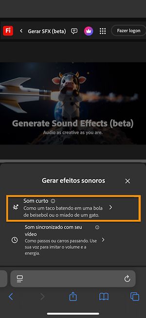 Som curto e Som cronometrado com as opções de vídeo disponíveis.A opção som curto é selecionada para gerar um efeito sonoro usando uma breve descrição de texto.