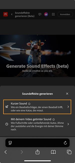 Die Optionen „Kurzer Ton“ und „Sound passend zum Video“ stehen zur Auswahl.Die Option „Kurzer Ton“ ist ausgewählt, um einen Soundeffekt mit einer kurzen Textbeschreibung zu generieren.