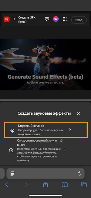 Доступны для выбора параметры «Короткий звук» и «Синхронизированный звук и видео». Выбран параметр «Короткий звук» для создания звукового эффекта с использованием краткого текстового описания.