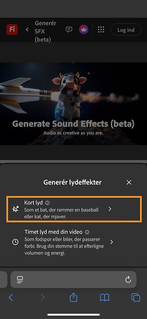 Indstillingerne Kort lyd og Timet lyd med din video kan vælges.Indstillingen Kort lyd er valgt for at generere en lydeffekt ved hjælp af en kort tekstbeskrivelse.
