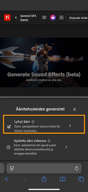 Lyhyt ääni ja Ajoitettu ääni videollesi -vaihtoehdot ovat valittavissa.Lyhyt ääni -vaihtoehto on valittu ääniefektin luomiseksi lyhyttä tekstikuvausta käyttäen.