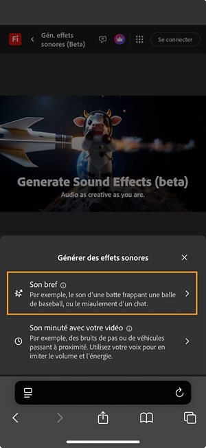 Les options Son bref et Son minuté avec votre vidéo sont disponibles. L’option Son bref est sélectionnée pour générer un effet sonore à l’aide d’une brève description textuelle.
