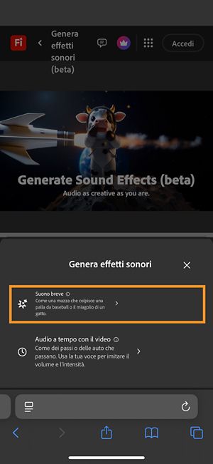 Puoi scegliere le opzioni Suono breve e Audio a tempo con il video. L'opzione Suono breve è selezionata per generare un effetto sonoro utilizzando una breve descrizione testuale.