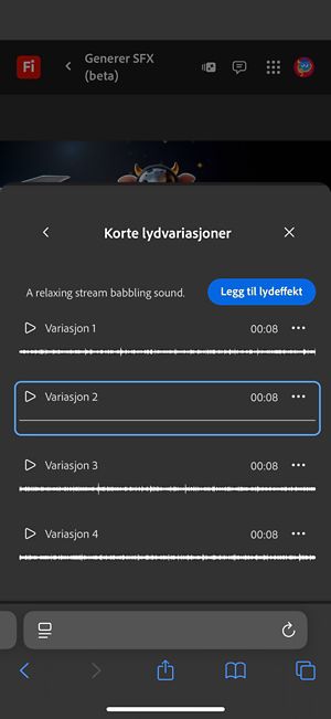 Alternativet Variasjoner for kort lyd er åpent, og fire forskjellige genererte variasjoner er tilgjengelige å velge mellom. Det er også et alternativ for å legge til lydeffektene i tidslinjen.