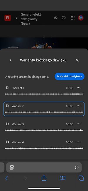 Opcja Warianty krótkiego dźwięku jest otwarta i dostępne są cztery różne wygenerowane warianty do wyboru. Istnieje również opcja dodania efektów dźwiękowych do osi czasu.