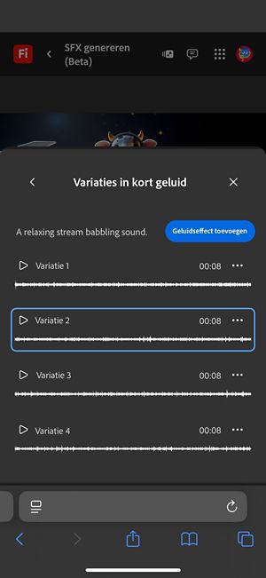 De optie Short Sound Variations is geopend en er zijn vier verschillende gegenereerde variaties beschikbaar om uit te kiezen.Er is ook een optie om de geluidseffecten aan de tijdlijn toe te voegen.