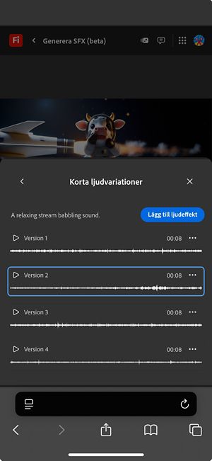 Alternativet Variationer av kort ljud är öppet, och fyra olika genererade variationer finns tillgängliga att välja mellan. Det finns också ett alternativ för att lägga till ljudeffekterna i tidslinjen.
