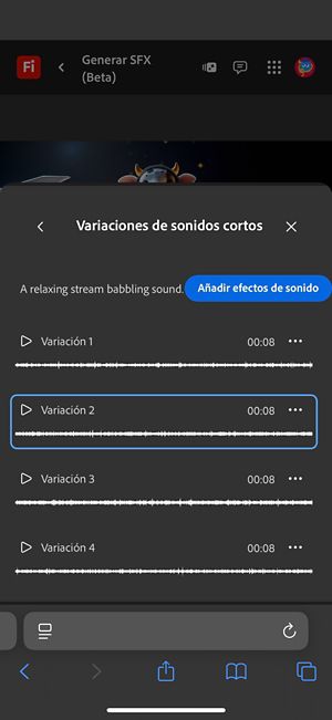 La opción Variaciones de sonidos cortos está abierta y hay cuatro variaciones generadas diferentes disponibles entre las que puede elegir.También hay una opción para añadir los efectos de sonido a la cronología.