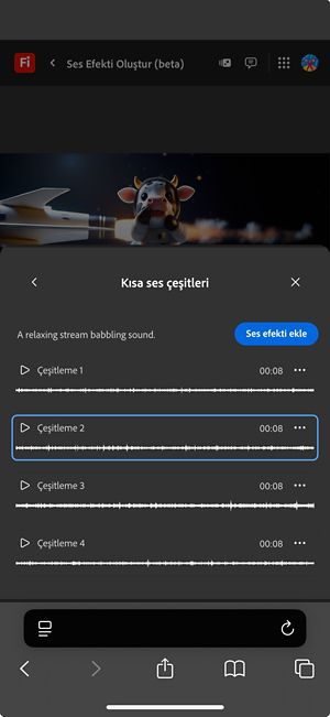 Kısa Ses Çeşitlemeleri seçeneği açık ve aralarından seçim yapılabilecek dört farklı oluşturulmuş çeşitleme mevcut. Ayrıca ses efektlerini zaman çizelgesine ekleme seçeneği de bulunuyor.