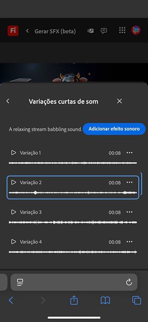 A opção Variações de som curtas está ativada e há quatro variações geradas diferentes disponíveis para escolha.Há também uma opção para adicionar os efeitos sonoros à linha do tempo.