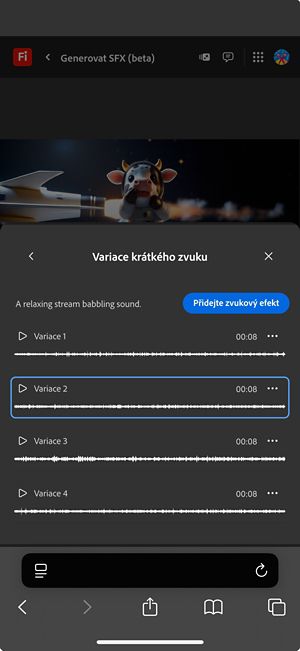 Je otevřena možnost Variace krátkého zvuku a jsou k dispozici čtyři různé vygenerované varianty.K dispozici je také možnost přidat zvukové efekty na časovou osu.