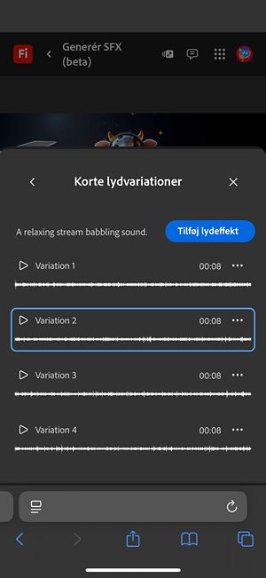 Indstillingen Korte lydvariationer er åben, og fire forskellige genererede variationer er tilgængelige at vælge imellem.Der er også en mulighed for at tilføje lydeffekterne til tidslinjen.