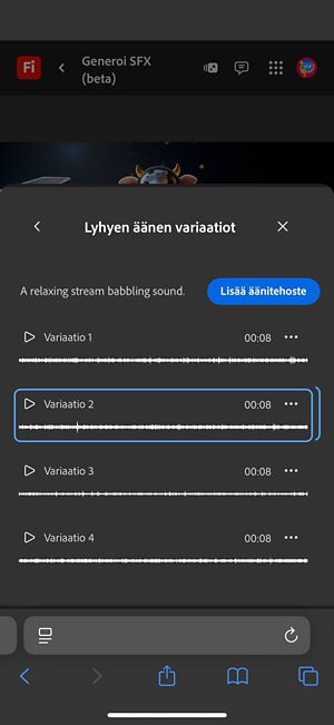 Lyhyen äänen variaatiot -vaihtoehto on avoinna, ja valittavissa on neljä erilaista generoitua variaatiota. Lisäksi on mahdollisuus lisätä ääniefektit aikajanalle.