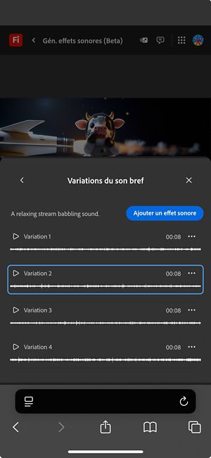 L’écran Variations du son bref est ouvert, et quatre variations générées différentes sont disponibles. Une option permet également d’ajouter les effets sonores au montage.