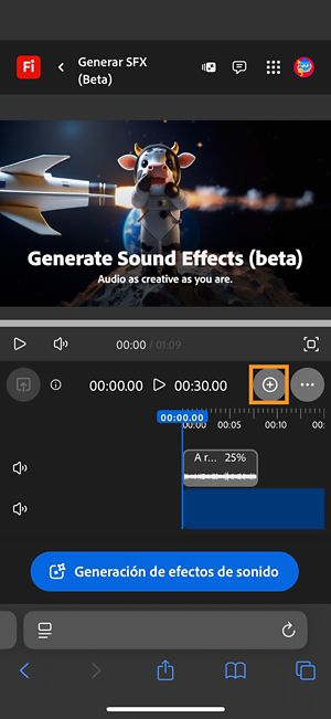El efecto de sonido generado se añade a la cronología y puede editarlo.También puede generar y añadir un nuevo efecto de sonido.