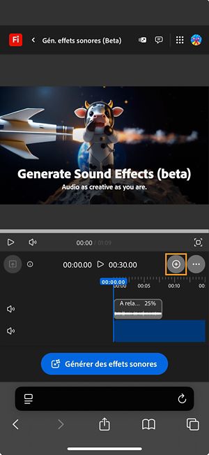 L'effet sonore généré est ajouté à la chronologie, et vous pouvez le modifier. Vous pouvez également générer et ajouter un nouvel effet sonore.