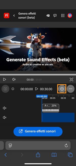 L'effetto sonoro generato viene aggiunto alla timeline e puoi modificarlo. Puoi anche generare e aggiungere un nuovo effetto sonoro.