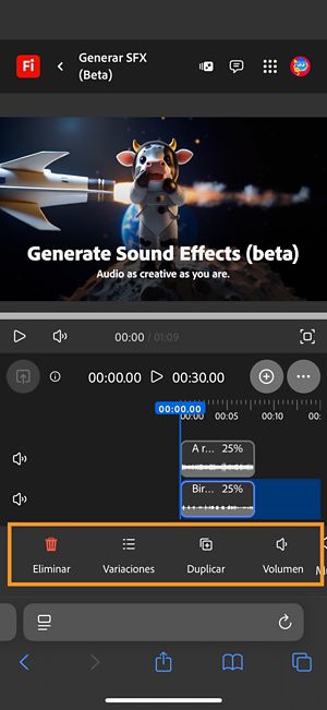 El efecto de sonido generado está seleccionado y las opciones de edición están disponibles para su uso.