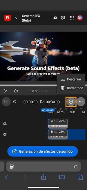 La opción Descargar está resaltada para que pueda descargar el clip de audio o vídeo compuesto.