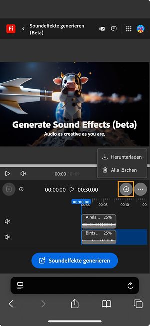 Die Option „Download“ ist hervorgehoben, damit du den zusammengestellten Audio- oder Videoclip herunterladen kannst.