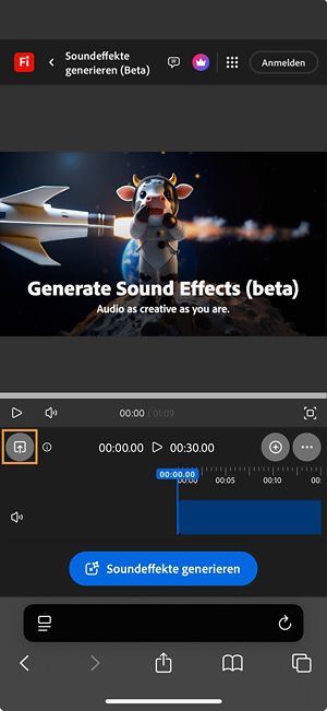 Der Upload-Button ist hervorgehoben, damit du ein Video hinzufügen kannst, für das du Sound generieren möchtest.