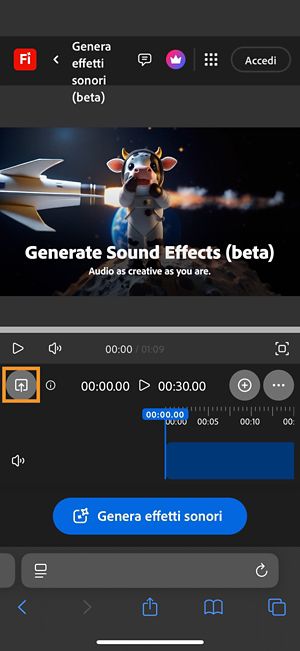 Il pulsante Carica è evidenziato e consente di aggiungere un video per il quale generare effetti sonori.