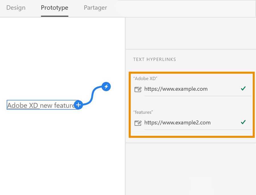 Deux portions de texte associées à un hyperlien à l’intérieur d’un objet texte (mode Prototype)