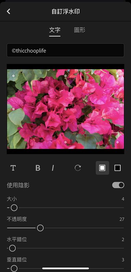 Lightroom 行動版 (iOS) 中的文字浮水印選項