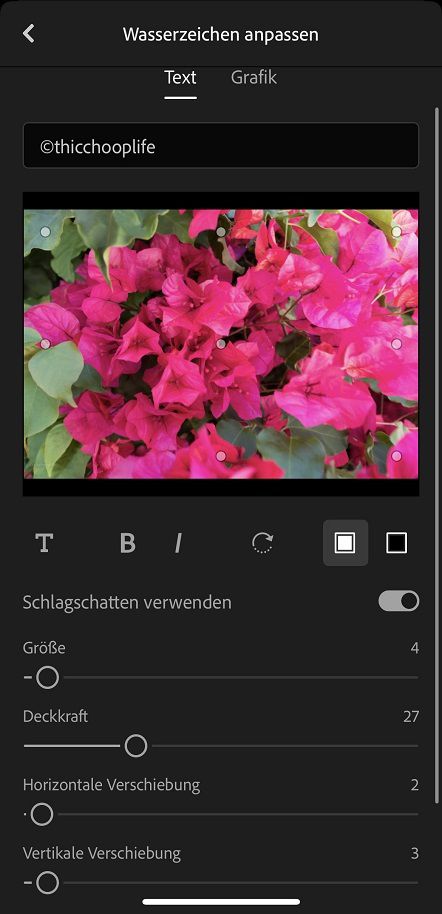 Die Textwasserzeichenoptionen in Lightroom for mobile (iOS)