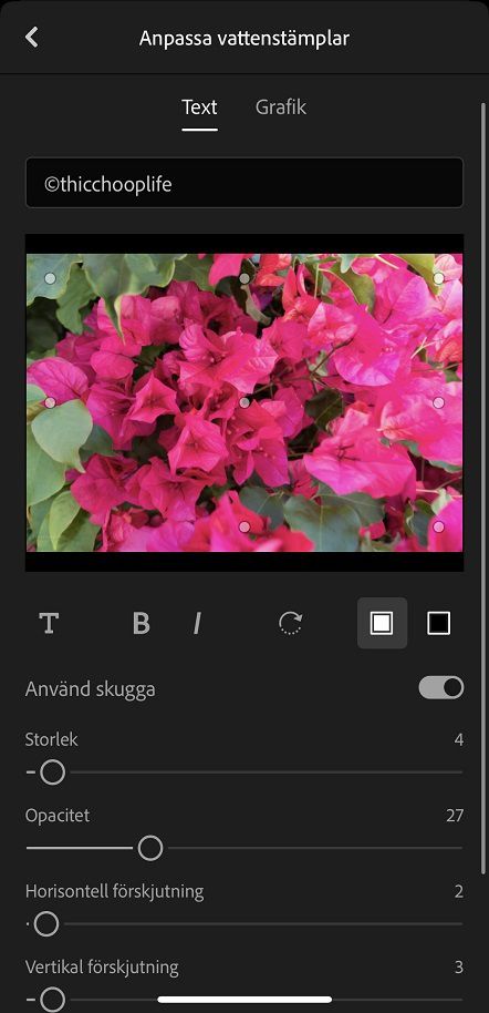 Alternativ för textvattenstämpel i Lightroom för mobila enheter (iOS)
