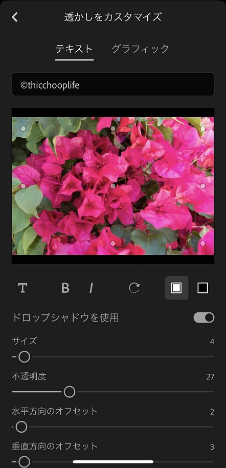 Lightroom モバイル版（iOS）でのテキスト透かしのオプション