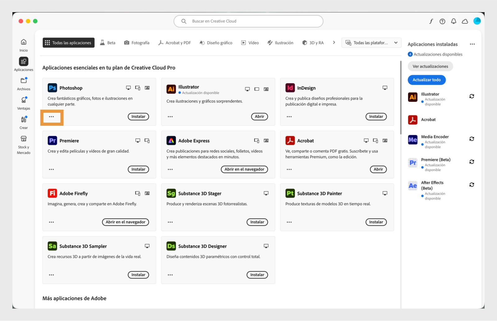 El icono Más acciones disponible en la esquina inferior izquierda del mosaico de la aplicación proporciona la opción de descargar versiones anteriores de la aplicación. 