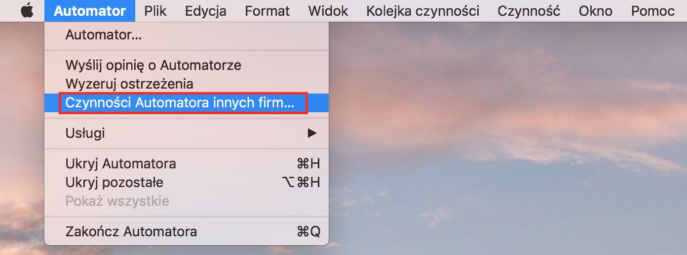 Okno dialogowe Operacje programu Automator dostarczane przez inne firmy