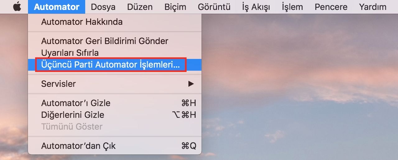 Üçüncü taraf automator eylemleri penceresi