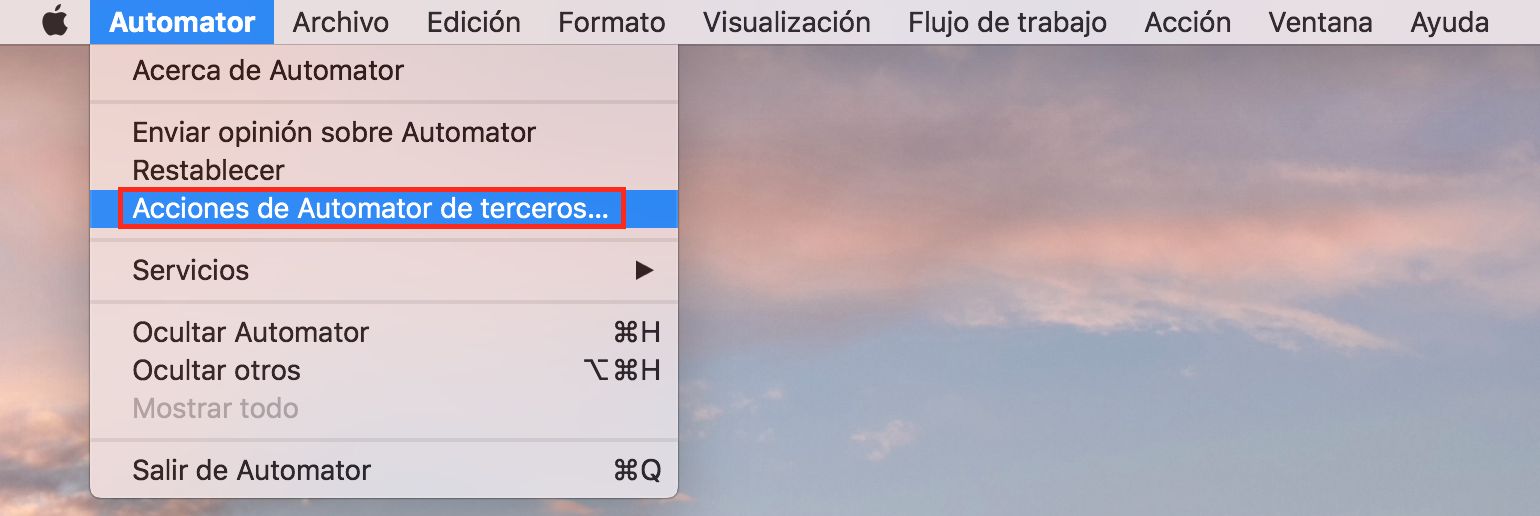 Cuadro de diálogo de acciones de Automator de terceros