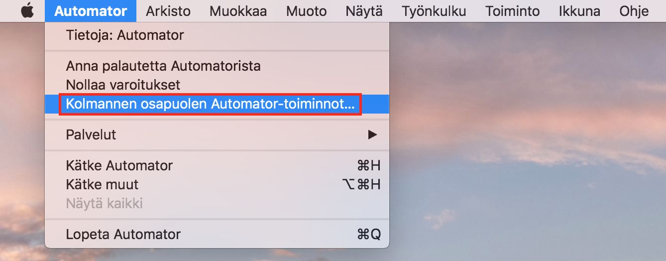 Kolmannen osapuolen Automator-toiminnot -valintaikkuna