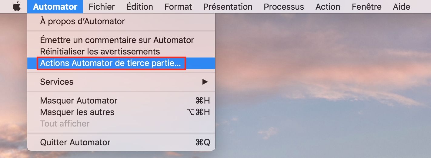 Boîte de dialogue Actions Automator tierces
